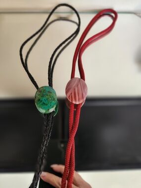 Double Bolo Tie Set with Green Turquoise 16" and Pink Agate 15"  Accents